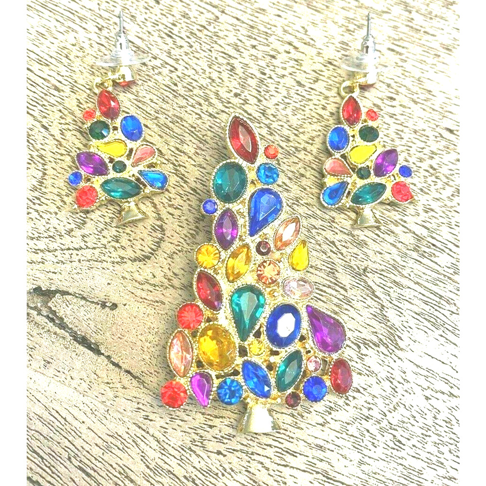 NEW Christmas Tree Brooch Pierced Earrings Set Holiday Festive Colorful Jewelry